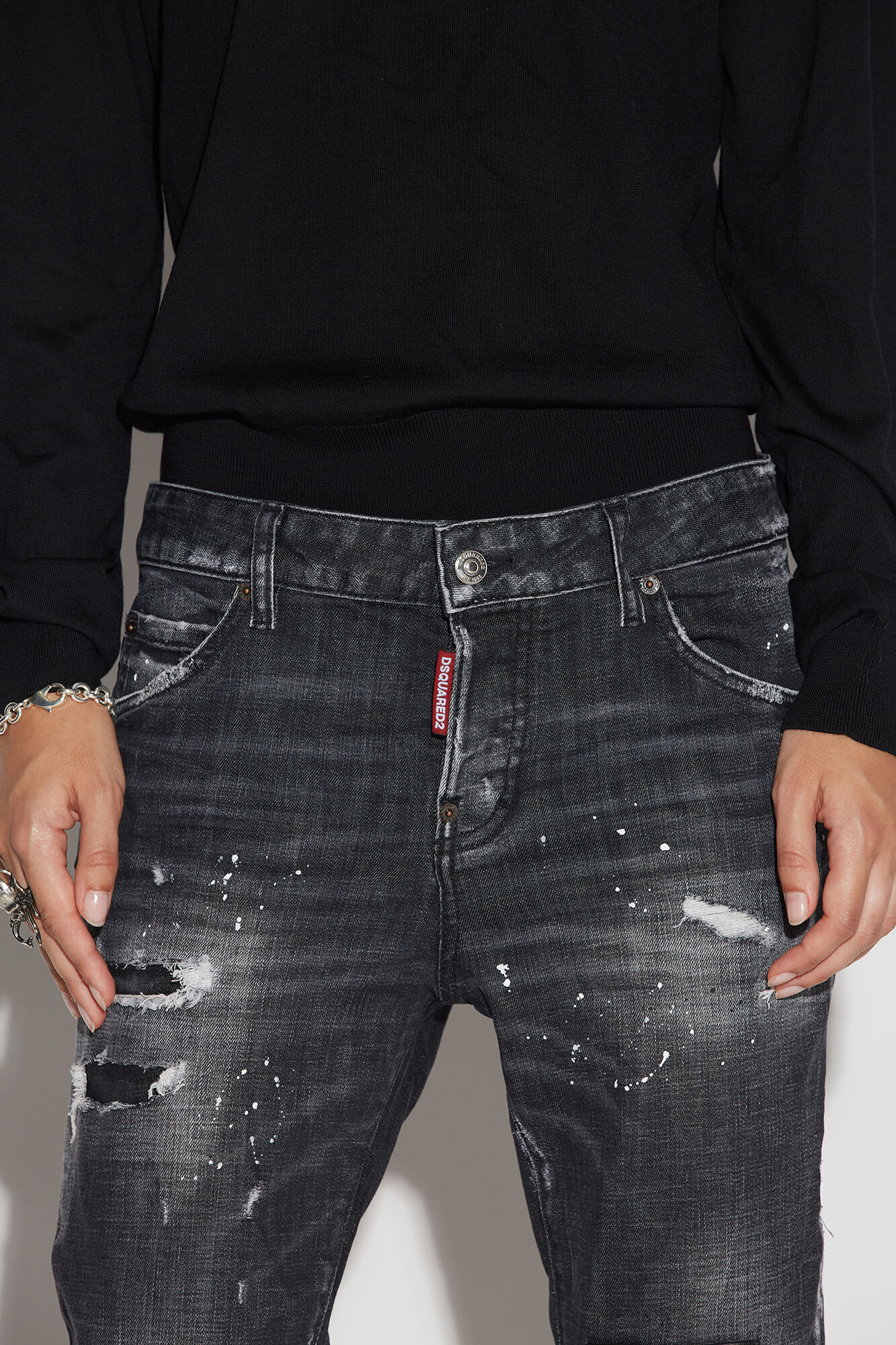 Black Ripped Leather Patch Wash Cool Girl Cropped Jeans