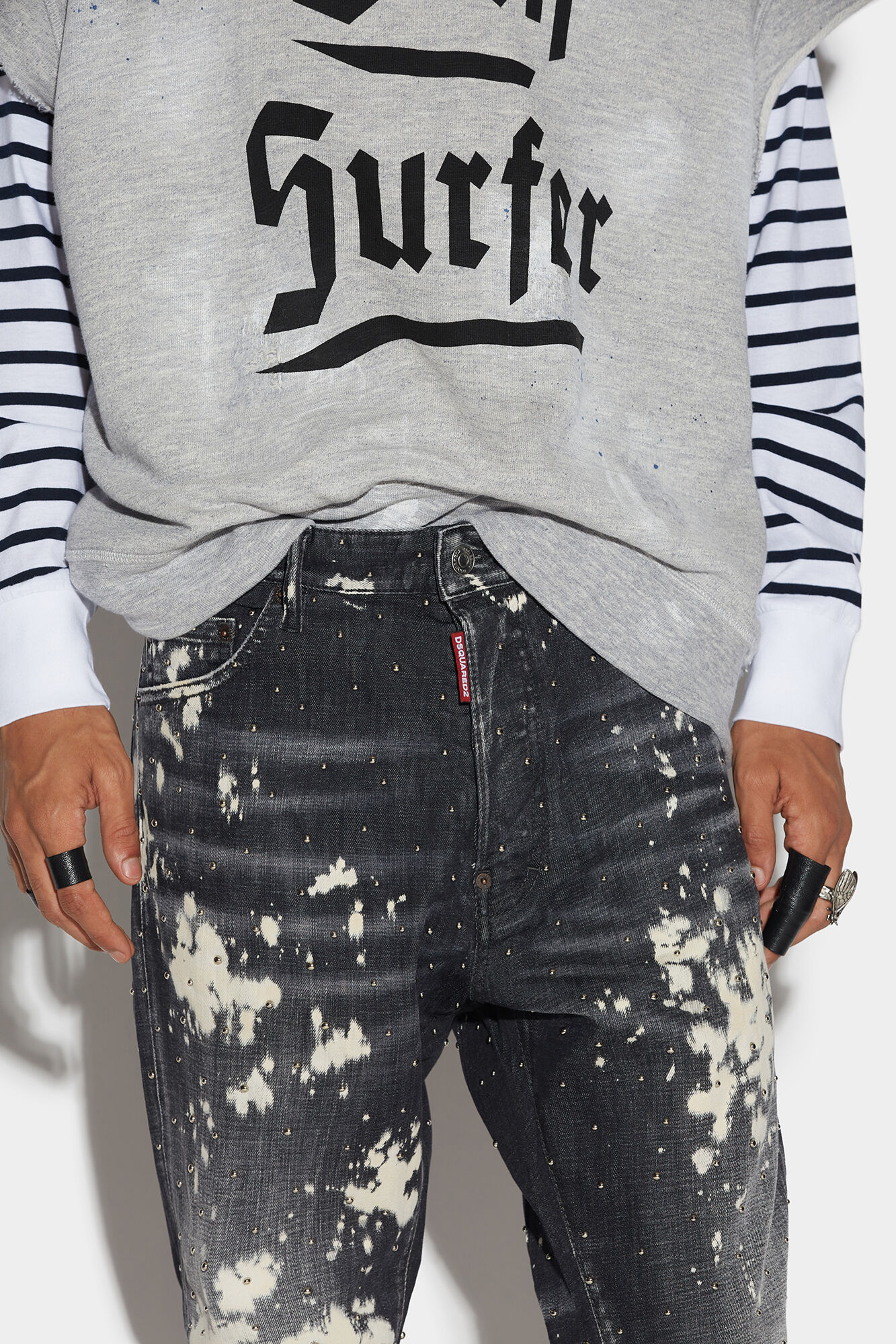 Black Bleached Studs Wash Relax Long Crotch Jeans