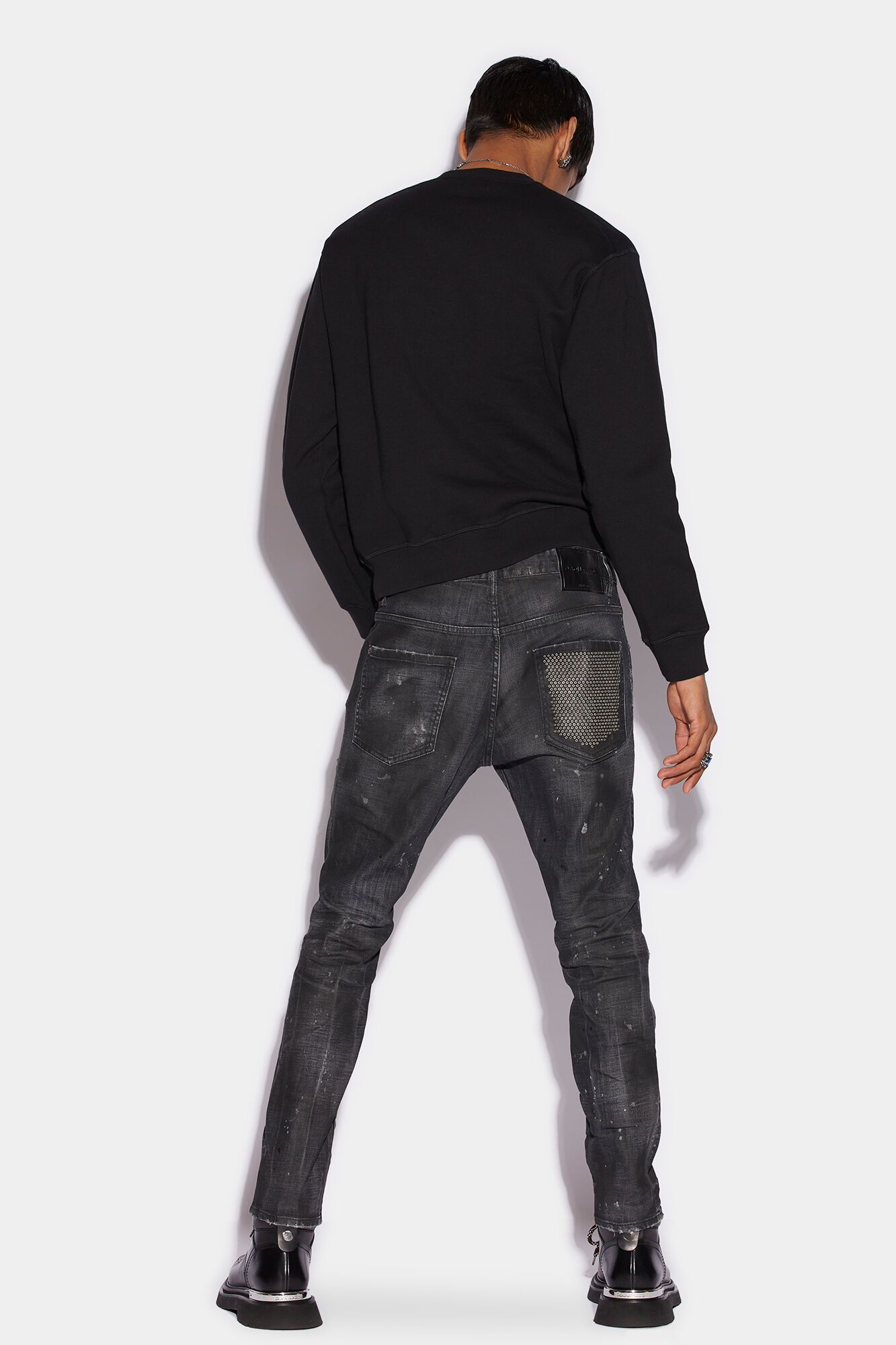 Black Ring Studs Wash Skater Jeans